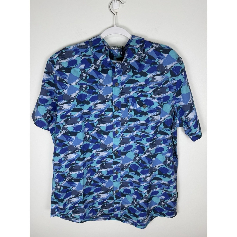Stio NWT Curtis Camp Hot Spring Brush Stroke Camo Short Sleeve Blue Fish Shirt L
